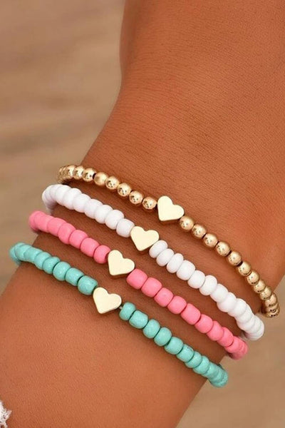 HEart Beaded Multi Layered Bracelet Set: Pink / One size