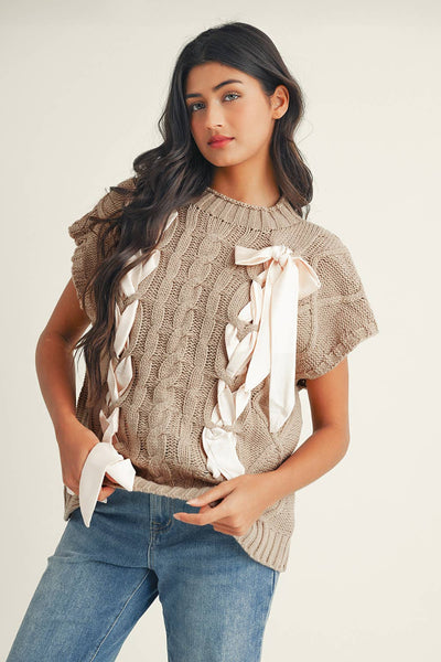 Leslie - Satin Bowknot Short Sleeve Sweater