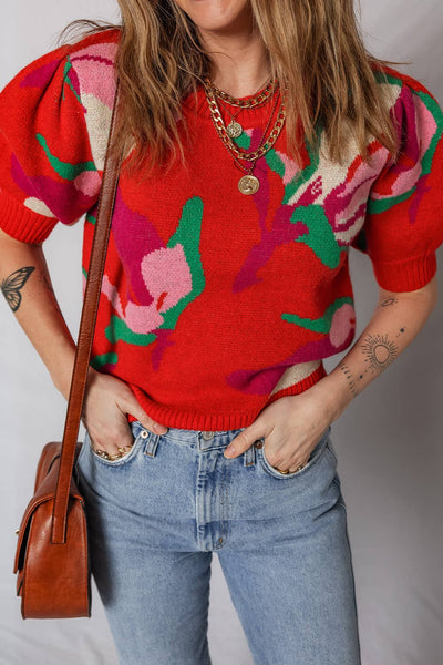 Lakin - Ribbed Trim Floral Print Short Puff Sleeve Sweater: private label