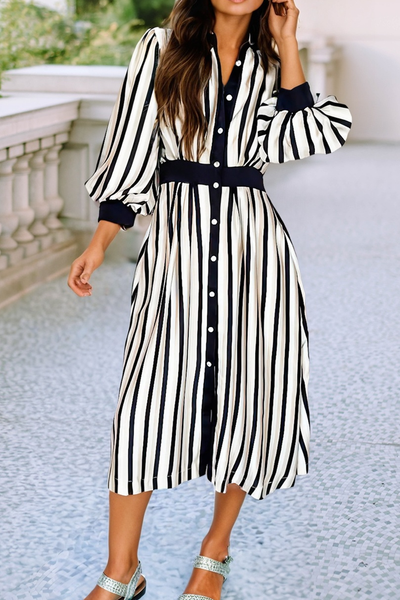 Ida - 3/4 Puff Sleeve Shirt Style Button Down Midi Dress: Black and Tan Stripe: private label