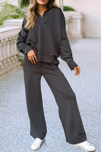 Maggie - Collared V Neck Pullover Sweatshirt Sweatpants Set: private lable