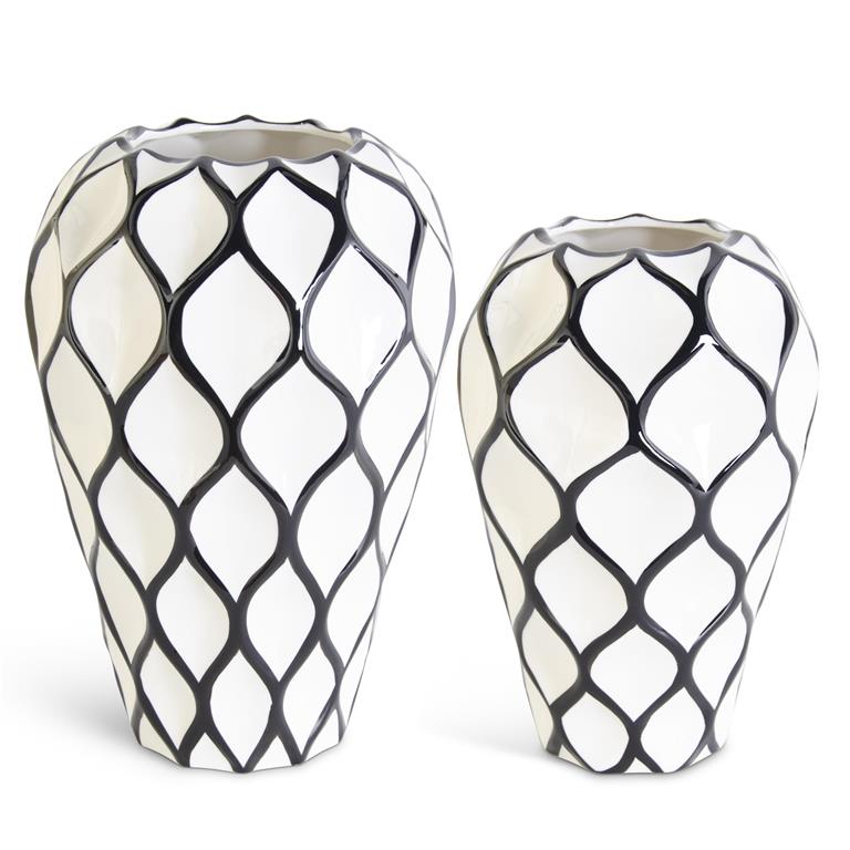 White w/Black Diamond Pattern Ceramic Vases