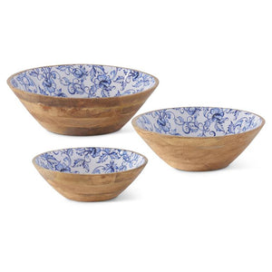 Wooden Bowls w/Blue Floral Enameled Interior