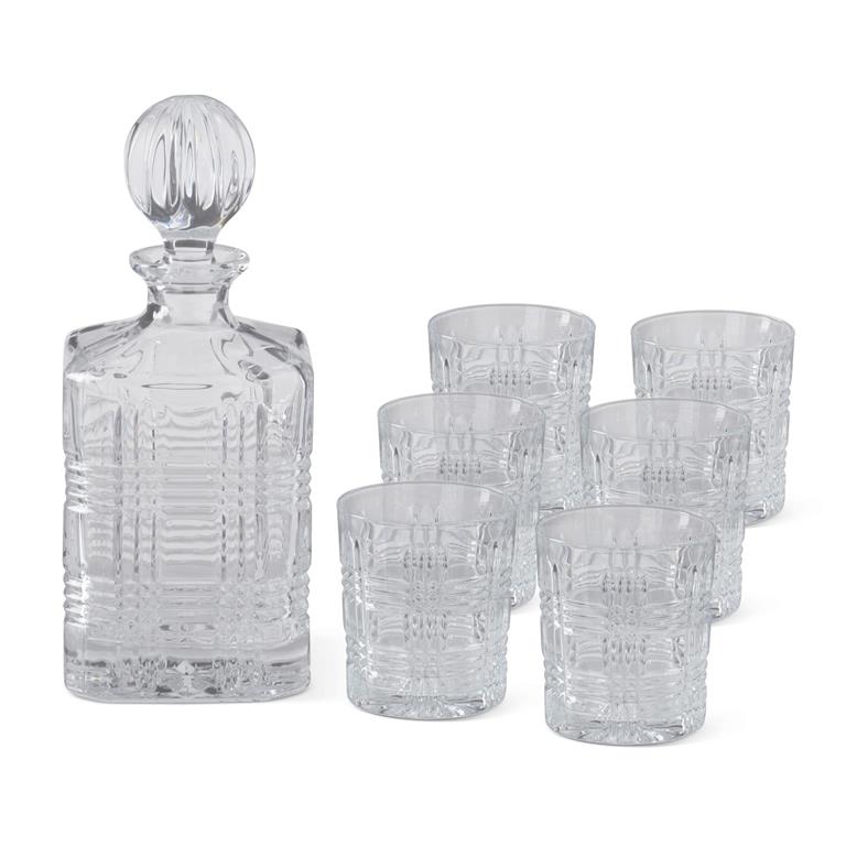 Set of 7 Grid Pressed Decanter & Lowball Drinking Glasses