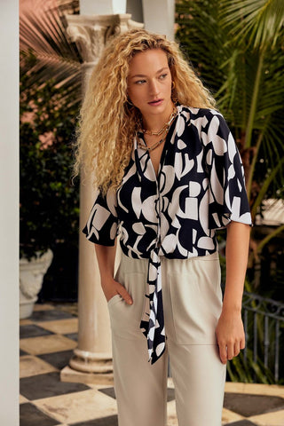 Abstract Print Woven Front Tie Blouse