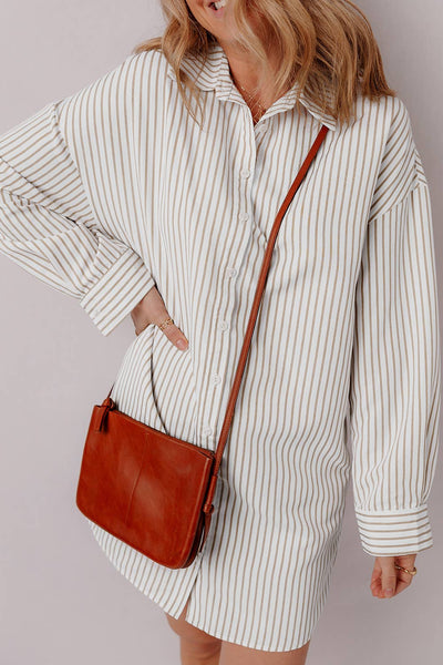 Stripe Long Sleeve Button Up Mini Shirt Dress/ L