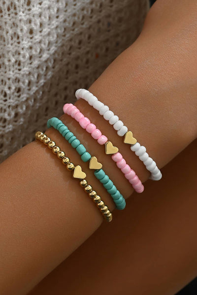 HEart Beaded Multi Layered Bracelet Set: Pink / One size