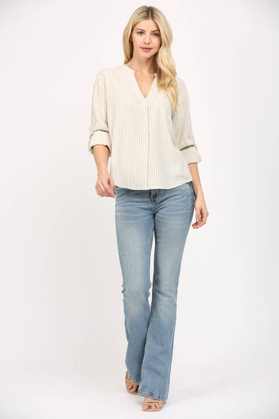 FATE - STRIPE LINEN BLEND TAB SLV SHIRT-SMALL