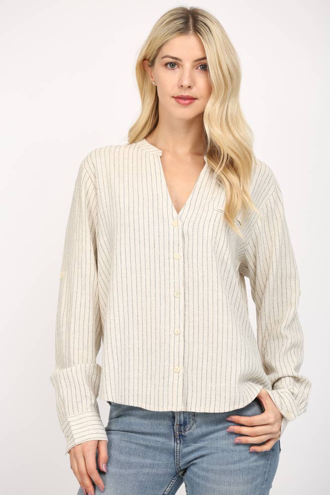 FATE - STRIPE LINEN BLEND TAB SLV SHIRT-MEDIUM