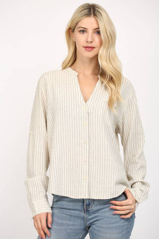 FATE - STRIPE LINEN BLEND TAB SLV SHIRT-LARGE