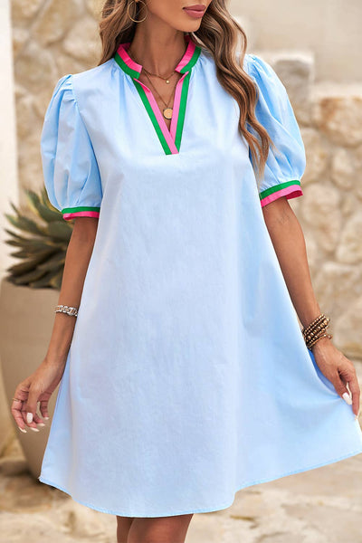Maddy - Contrast Striped Detail Notched Neck Puff Sleeve Dress: private label