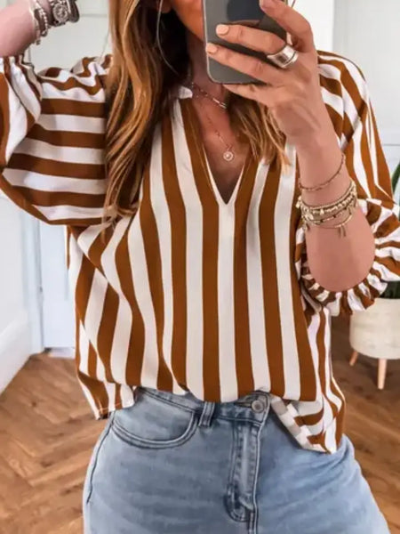 Brown Stripe V Neck Half Sleeve Casual Blouse