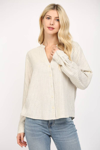 FATE - STRIPE LINEN BLEND TAB SLV SHIRT-SMALL