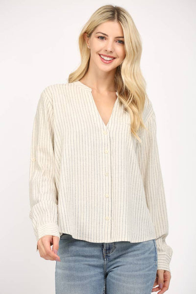 FATE - STRIPE LINEN BLEND TAB SLV SHIRT-SMALL