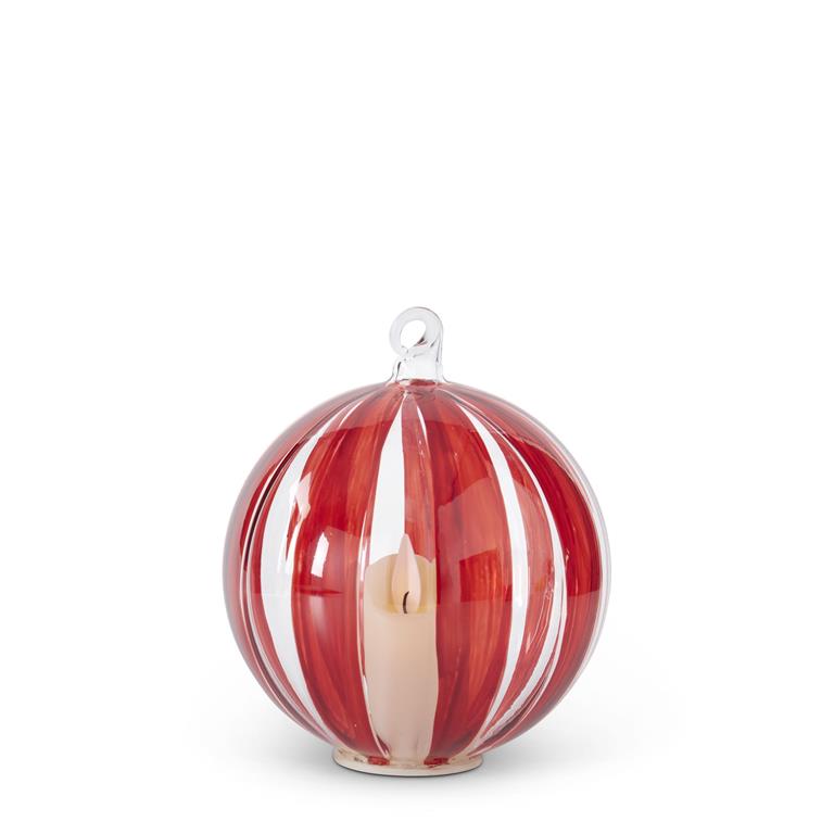 4.5 Inch LED Hand Painted Red Stripe on Clear Glass Ornament w/Timer
