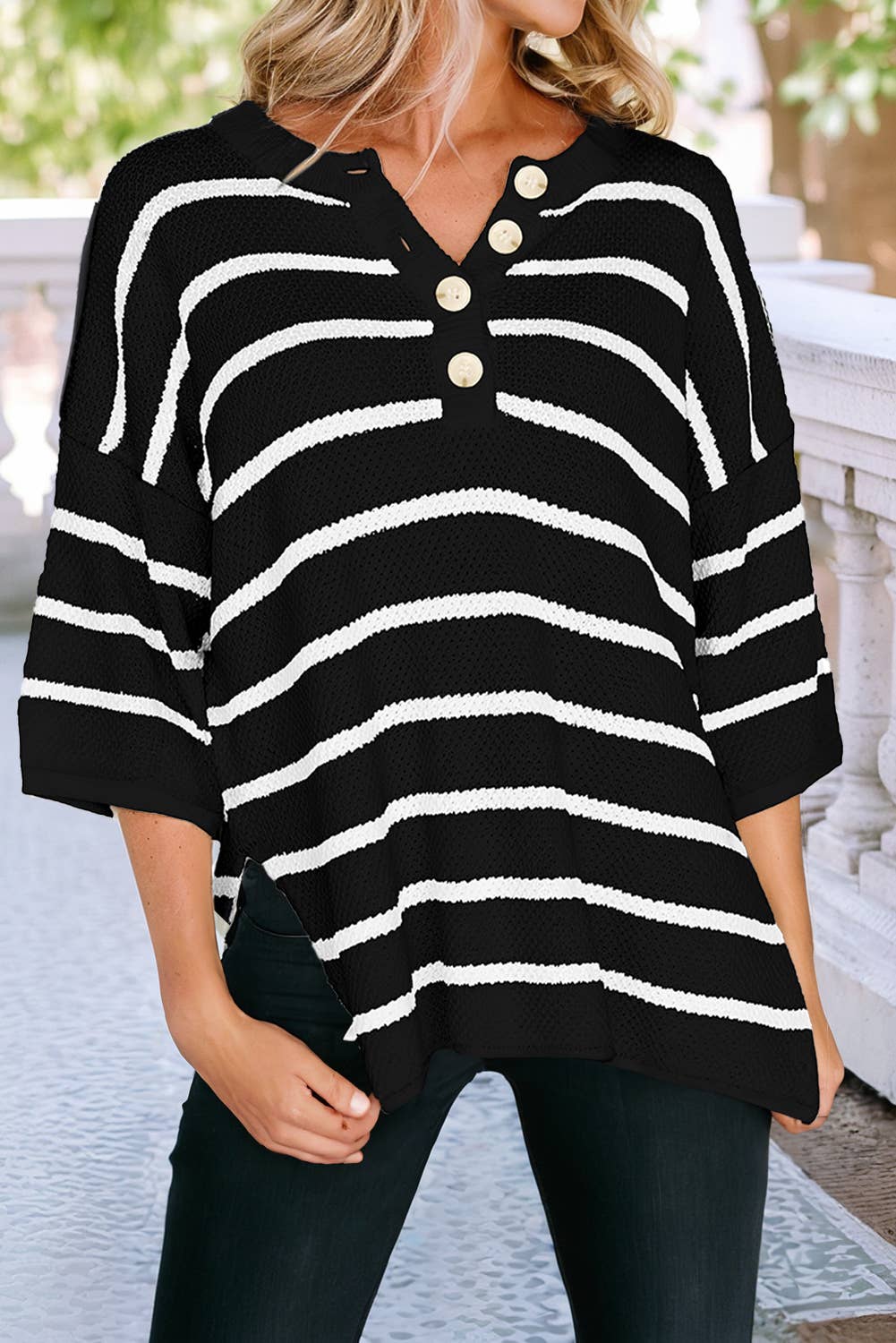 Sleeve Sweater Tee: Black Stripe / M