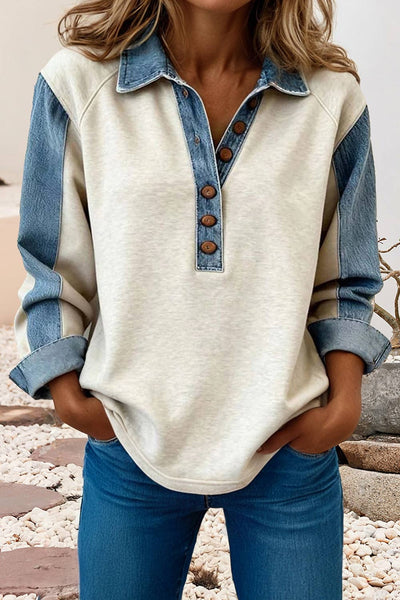 Carter - Denim Patchwork Buttoned Polo Collar