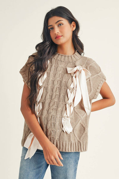 Leslie - Satin Bowknot Short Sleeve Sweater