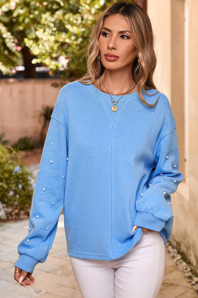 Kinzy: Pearled Sleeves Drop Shoulder Round Neck  Sweatshirt: private label