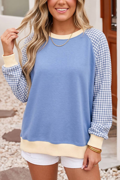 LDC Plaid Sleeve Colorblock Raglan Pullover Sweatshirt