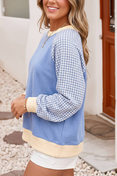 LDC Plaid Sleeve Colorblock Raglan Pullover Sweatshirt