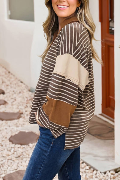 LDC Color Block Detail Polo Neck Loose Pullover Sweatshirt
