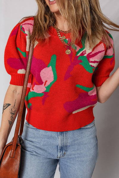 Lakin - Ribbed Trim Floral Print Short Puff Sleeve Sweater: private label