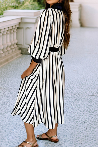 Ida - 3/4 Puff Sleeve Shirt Style Button Down Midi Dress: Black and Tan Stripe: private label