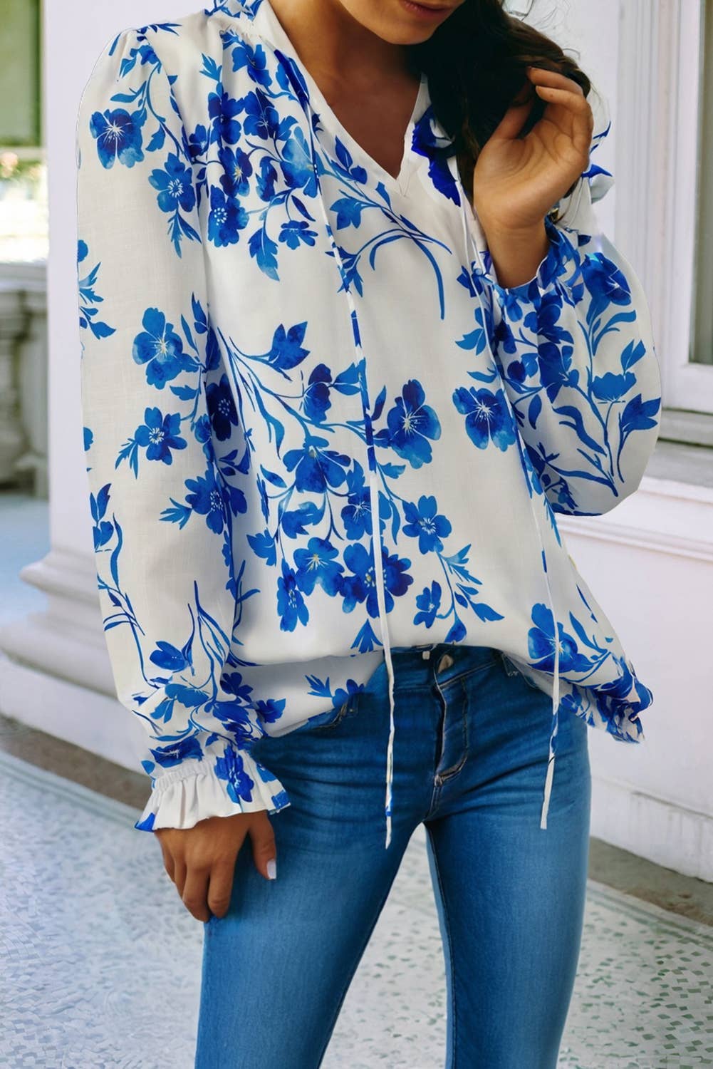 Floral Long Sleeve Blouse: Blue / L