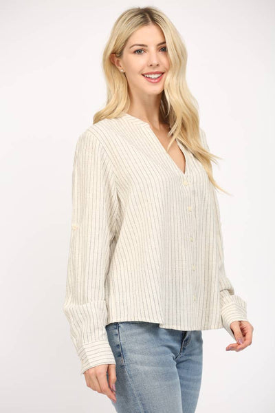 FATE - STRIPE LINEN BLEND TAB SLV SHIRT-SMALL