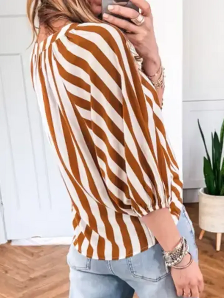 Brown Stripe V Neck Half Sleeve Casual Blouse