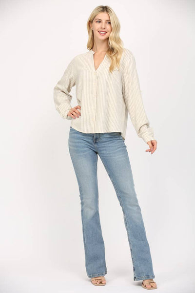 FATE - STRIPE LINEN BLEND TAB SLV SHIRT-SMALL