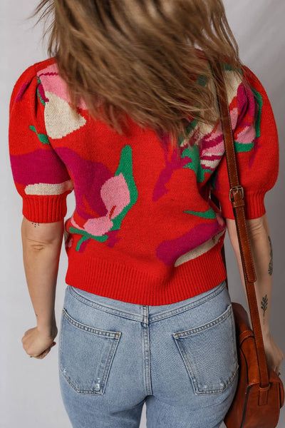 Lakin - Ribbed Trim Floral Print Short Puff Sleeve Sweater: private label