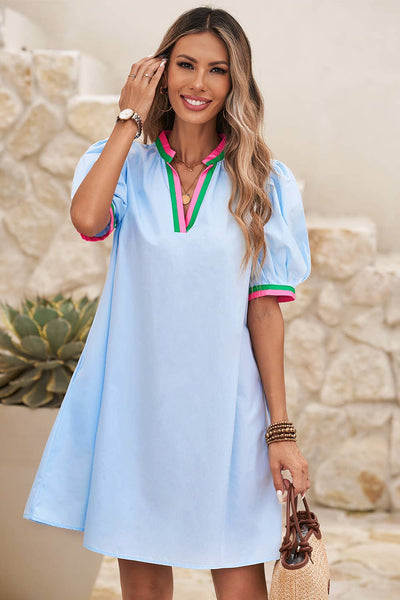 Maddy - Contrast Striped Detail Notched Neck Puff Sleeve Dress: private label