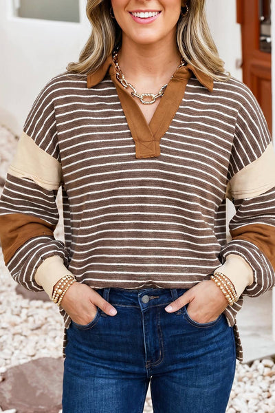 LDC Color Block Detail Polo Neck Loose Pullover Sweatshirt