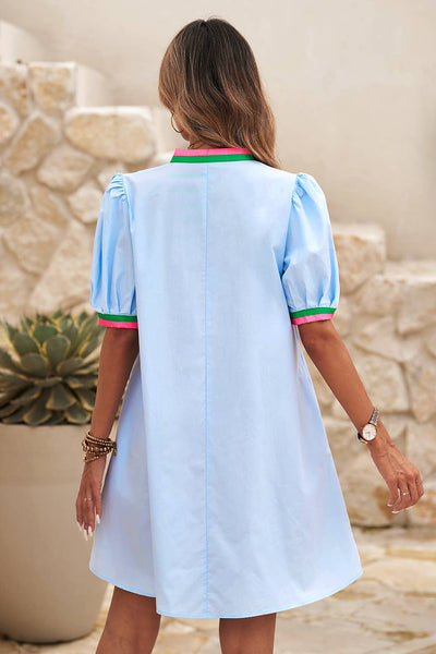 Maddy - Contrast Striped Detail Notched Neck Puff Sleeve Dress: private label