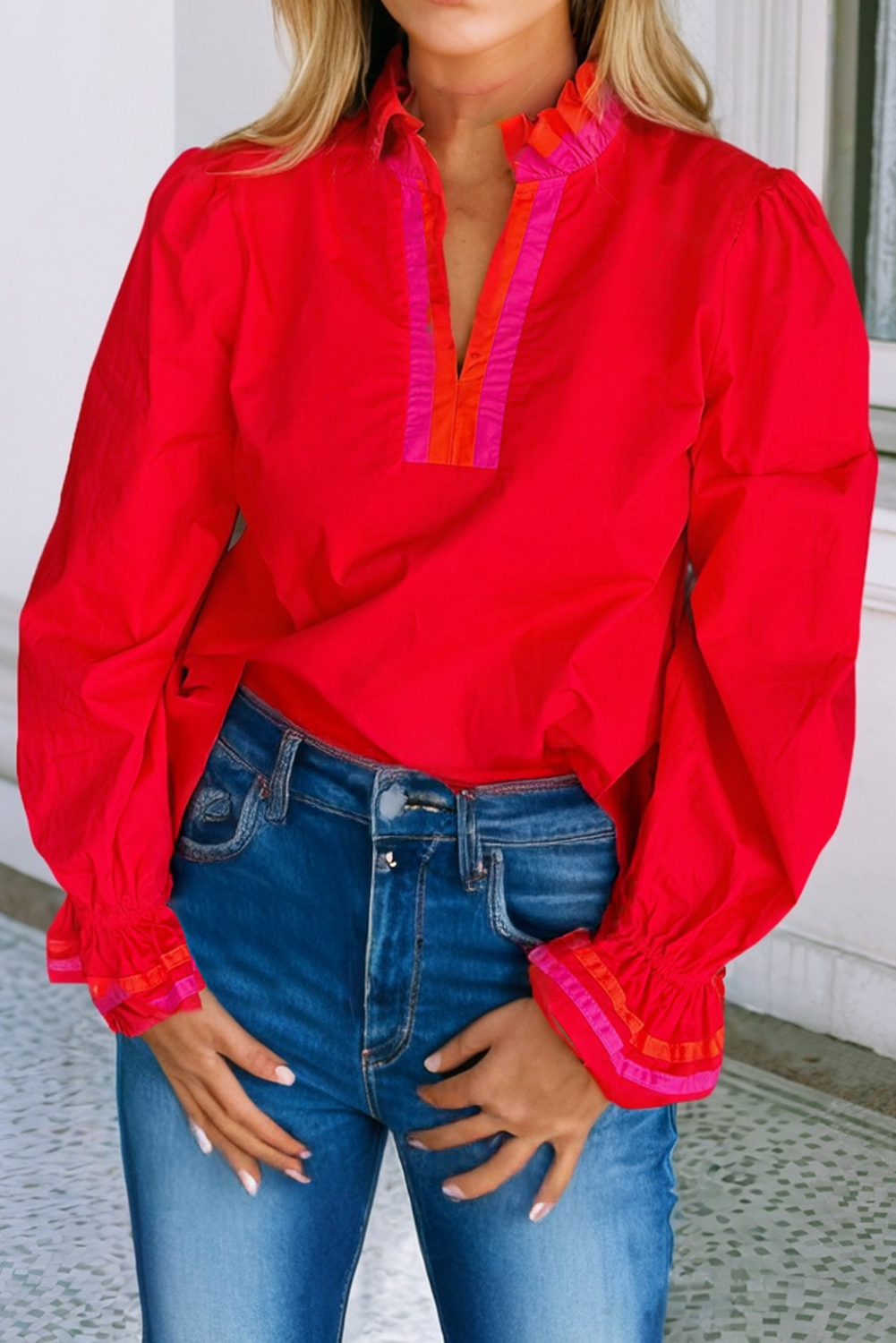 CarlyStriped Trim Ruffle Split Neck Long Sleeve Blouse: Fiery Red / S
