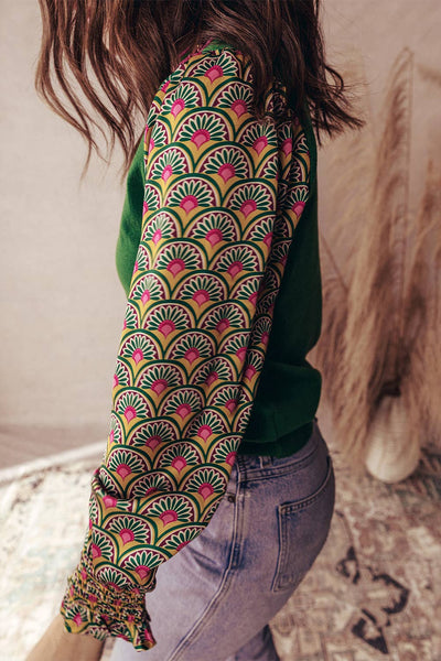 SherryFloral Patchwork Shirred Cuff Puff Sleeve Sweater: Blackish Green / M