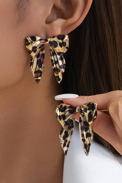 Leopard Print Bow Knot Shape Plated Alloy Earrings: Gold