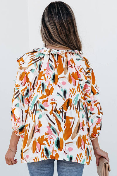 Abstract Print V Neck Blouse:Yellow/S