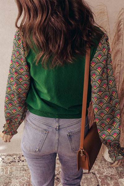 SherryFloral Patchwork Shirred Cuff Puff Sleeve Sweater: Blackish Green / S
