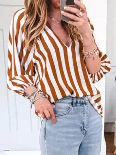 Brown Stripe V Neck Half Sleeve Casual Blouse