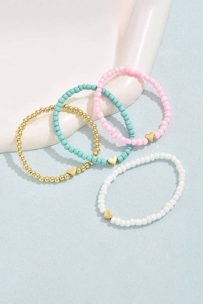 HEart Beaded Multi Layered Bracelet Set: Pink / One size