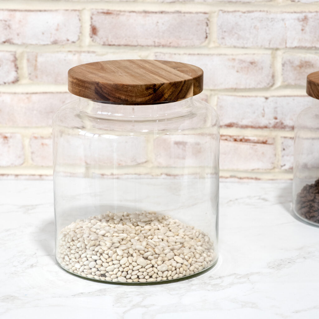 10″ GLASS STORAGE JAR WOOD LID