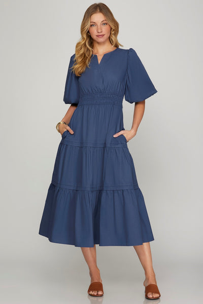V-Neck navy blue Midi Dress