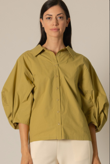 Poplin Bishop Sleeve Button Up Top