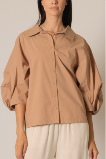 Poplin Bishop Sleeve Button Up Top