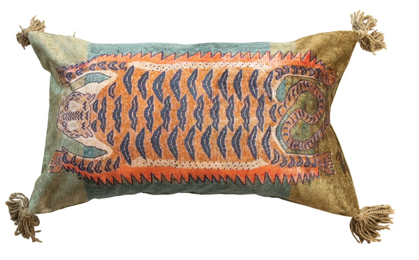 Tiger Cotton Velvet Printed Lumbar Pillow