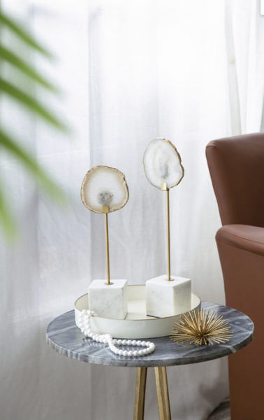 S/2 White Agate Decorative Statuaries with Gold Aluminum Stand and Marble Pedestal
