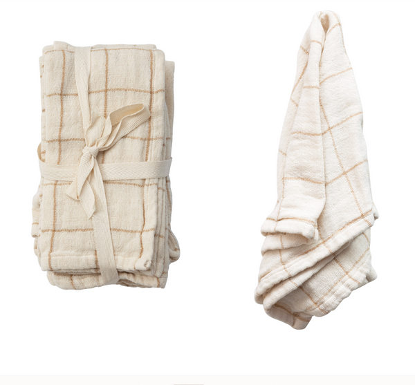 Cotton Double Cloth Napkins with Grid/Stripe Pattern, Set of 4